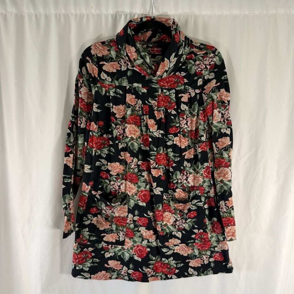 April Cornell Dress Women's XXS Black Red Roses Floral Mock Neck Long Sleeve